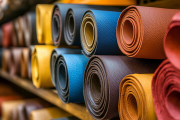 Rolls of colored leather on shelves in a leathercraft store background.