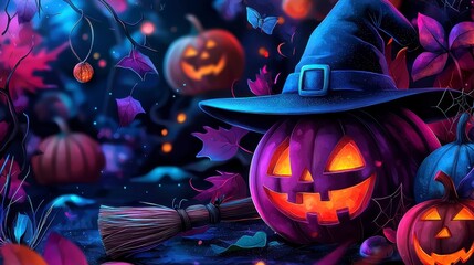 This whimsical Halloween pattern presents a delightful tapestry of spooky fun, featuring a vibrant array of quirky pumpkins grinning mischievously, alongside playful flying broomsticks soaring