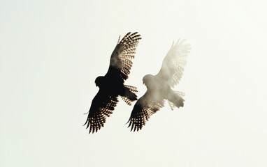Fototapeta premium Two Birds in Flight Against Bright Sky