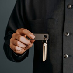 Naklejka premium A bellhop, wearing a smart uniform, hands a room key to a guest, providing a warm welcome at an upscale hotel reception during check-in