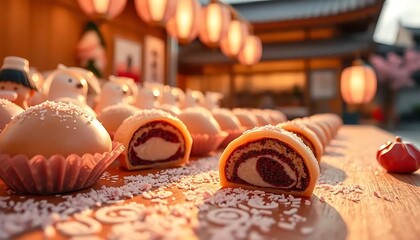 Decorative Arrangements of Colorful Japanese Sweets at Traditional Festival with Soft Lighting Effects