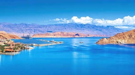 Stunning Desert Seascape Blue Waters Meet Arid Mountains Under a Bright Sunny Sky