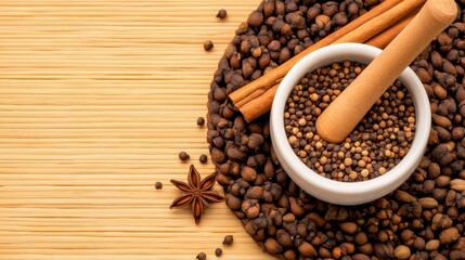 A close-up of a mortar and pestle surrounded by various spices and herbs on a wooden surface