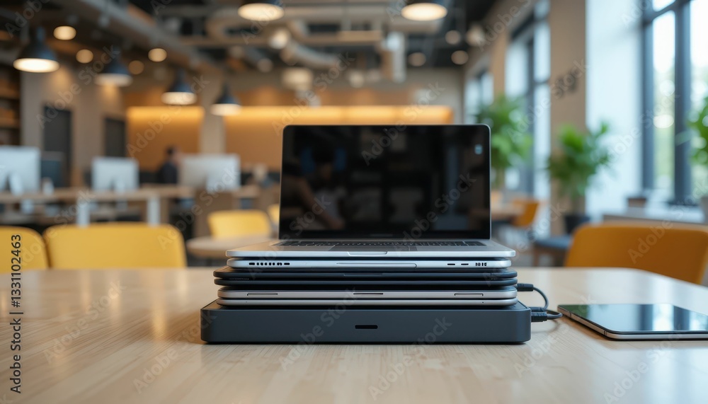 Poster modern workspace with stack of laptops and smartphone on desk