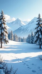 Fototapeta premium Snow-covered hills and trees on a peaceful golf course, frosty environment,