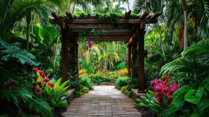 Fototapeta premium A stone pathway leads through a lush tropical garden arbor