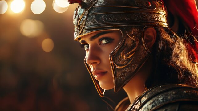 A female gladiator with intricate armor, posing heroically under the arena lights 