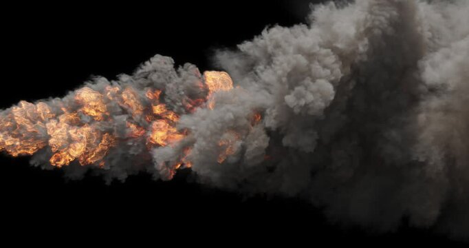 Explosion rising intense flames fire smoke pollution effect on black backgrounds rendering