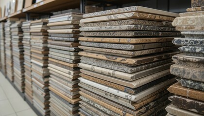 Variety of Elegantly Designed Ceramic Tiles Stacked on Shelves