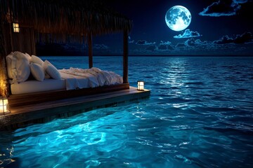 Obraz premium Underneath a silvery moon's enchanting glow, a dreamlike sanctuary unfolds, a floating bed gently swaying upon the tranquil ocean waves A romantic escape where serenity reigns supreme The gentle