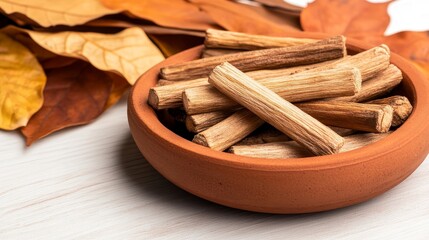 Natural wooden sticks arranged in a clay bowl surrounded by autumn leaves on a wooden surface