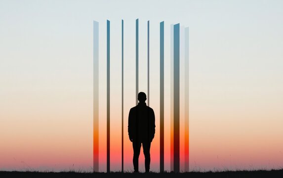 Silhouette Against Blurry Colorful Lines At Sunset