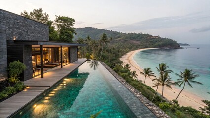 Obraz premium Modern Cliffside Villa with Infinity Pool and Beach View - Luxury Tropical Getaway