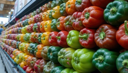 Fototapeta premium Vibrant Array of Colorful Bell Peppers Displayed in Grocery Store