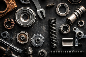 Car spare parts on a auto service workbench top view background..