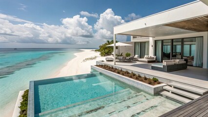 Fototapeta premium Luxury Beachfront Villa with Private Pool and Turquoise Lagoon - Tropical Island Getaway