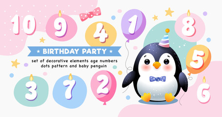 birthday party decorative elements set with penguin, balloons, numbers, candles, dots pattern, clipart, decoration for greeting bird day cards, child, baby shower,, template vector illustration