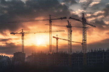 Naklejka premium Large tall cranes on the background of buildings under construction at the construction site.