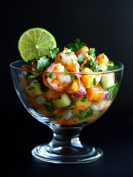 Shrimp Ceviche in Glass Bowl with Lime
