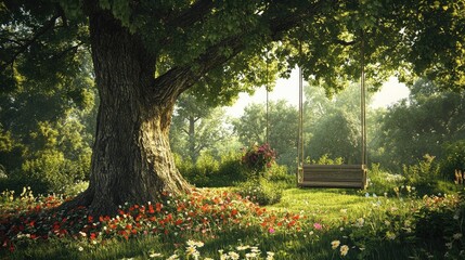 A wooden swing hangs beneath a large shady oak tree