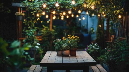 A wooden table with flower pots under hanging lights