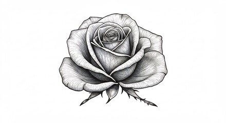 Intricate pencil drawing shows a delicately shaded rose. AI Generated