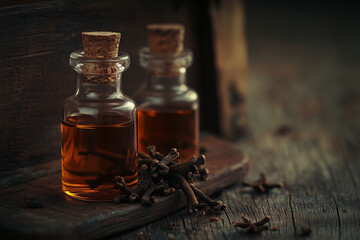 Clove and clove tincture bottle on an old herbalist table background.