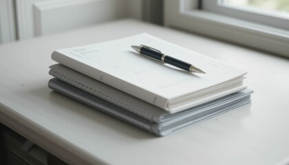 Neat Desk Arrangement with Notebooks and Pen on Modern Surface