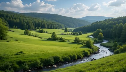 Obraz premium Picturesque View of Flowing River Amidst Green Meadows and Verdant Forests