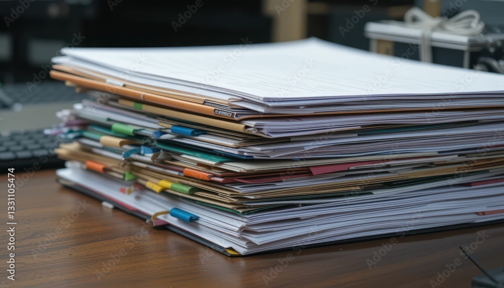 Poster stacked papers on a desk with colorful tabs and organizing clips