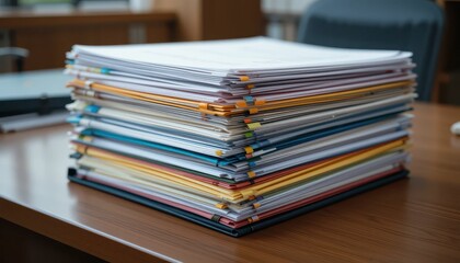 Stacked Documents with Colorful Paper Clips on a Wooden Desk