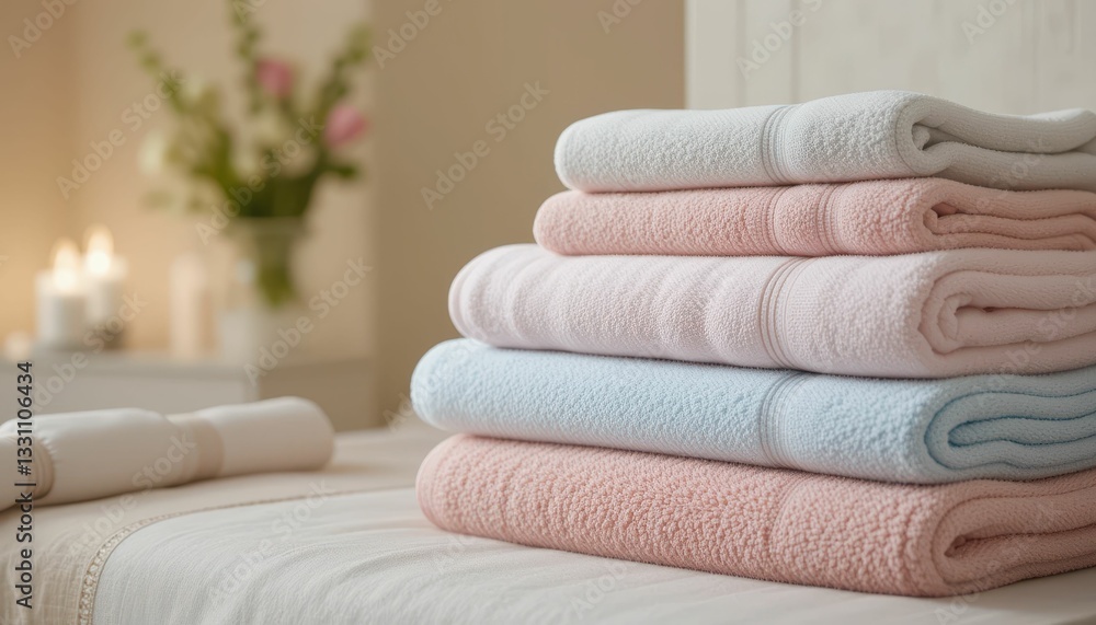 Poster soft towels stacked neatly in serene spa environment