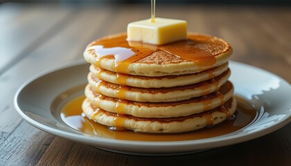 Stack of Fluffy Pancakes with Butter and Maple Syrup Drizzle