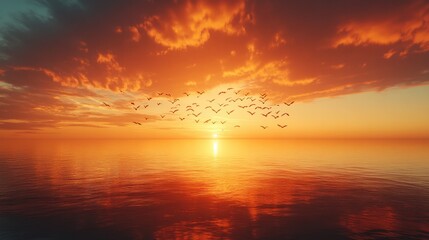 Fototapeta premium A calm bay at sunset with a flock of birds flying low, the sky ablaze in warm tones and light flickering on the surface.