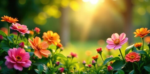 Obraz premium Summer's warm light illuminates a lush floral scene, flowers, garden, lively
