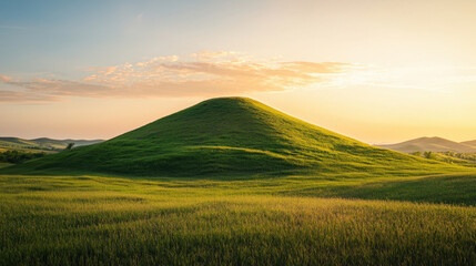 Fototapeta premium simplistic grassy hill under warm golden glow, surrounded by lush greenery and serene landscape, evokes sense of tranquility and natural beauty