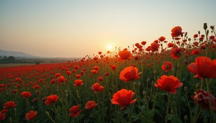 Obraz premium Vibrant Red Poppy Field Under Beautiful Sunset Sky