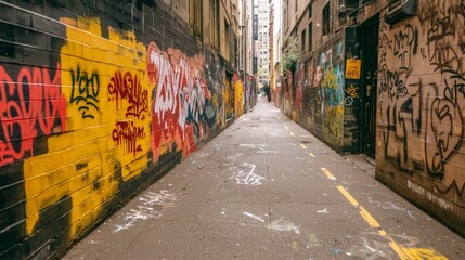Fototapeta premium Urban Alleyway Graffiti Art Vibrant Colors Street Art Cityscape