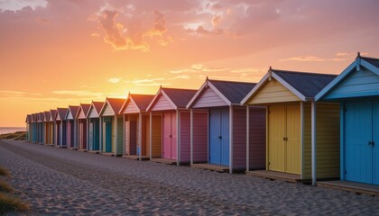 Naklejka premium Colorful Beach Huts at Sunset Along Sandy Shoreline in Tranquil Scene