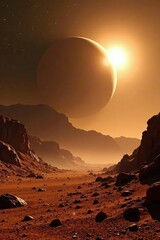 Sun's rays illuminating Martian dust storm while spacecraft orbits, sun, storm, dust