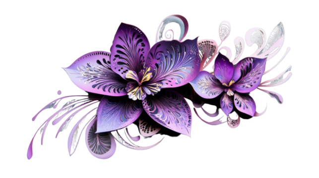 Blooming purple orchid flowers with decorative flourishes on transparent background - Powered by Adobe