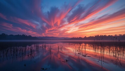 Obraz premium Stunning Sunset Over Calm Lake with Colorful Sky Reflection
