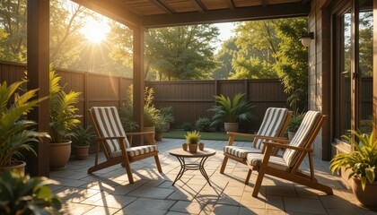 Obraz premium Cozy Outdoor Patio with Sunlight and Lush Greenery Surrounding Chairs