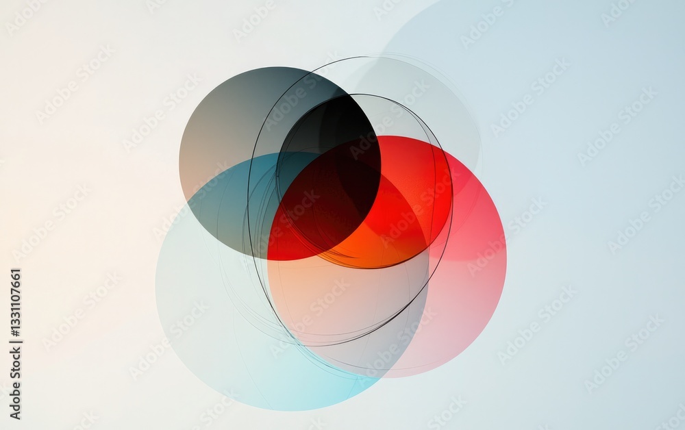Poster overlapping red black and blue gradient circles with dotted lines