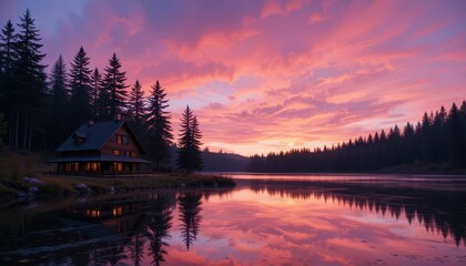 Fototapeta premium Tranquil Cabin by Lake Under Majestic Sunset Sky in Forest