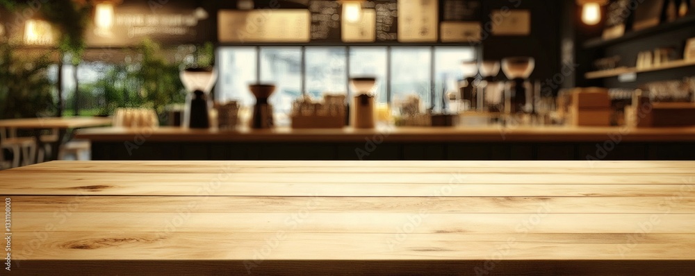 Poster a close up image of a wooden table in a cafe setting