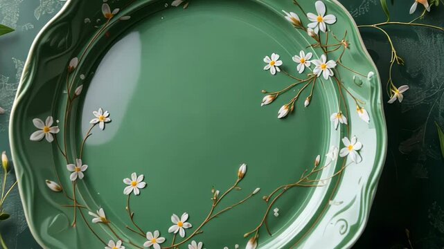  Mint green plate with white flowers and green leaves on a green surface