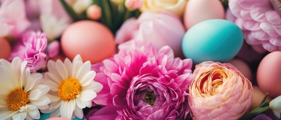 Obraz premium Colorful eggs and vibrant flowers create a festive Easter display in a vase.