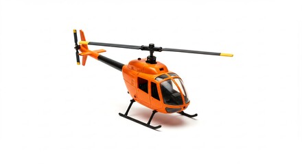 Orange toy helicopter model sharply detailed against bright white background. AI Generated
