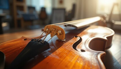 Fototapeta premium Close-Up View of a Beautiful Wooden Violin in a Soft Light Setting